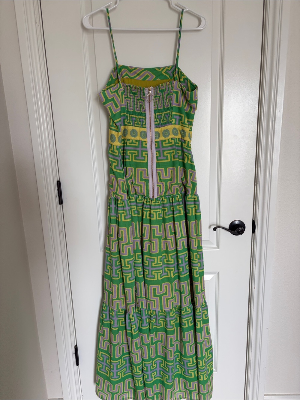 Green Geometric Print Maxi Dress - Sleeveless Summer Dress - Picture 3 of 4